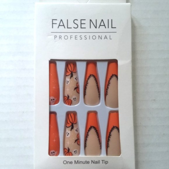 Halloween Nails Press On 24 Coffin Ghost Pumpkin Orange Black Costume Reusable - Picture 3 of 3